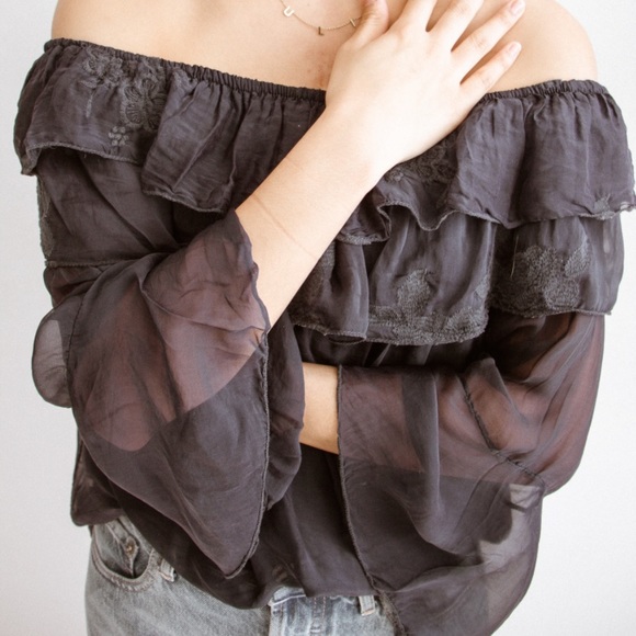 Lace Silk Off-Shoulder Top - Picture 1 of 4